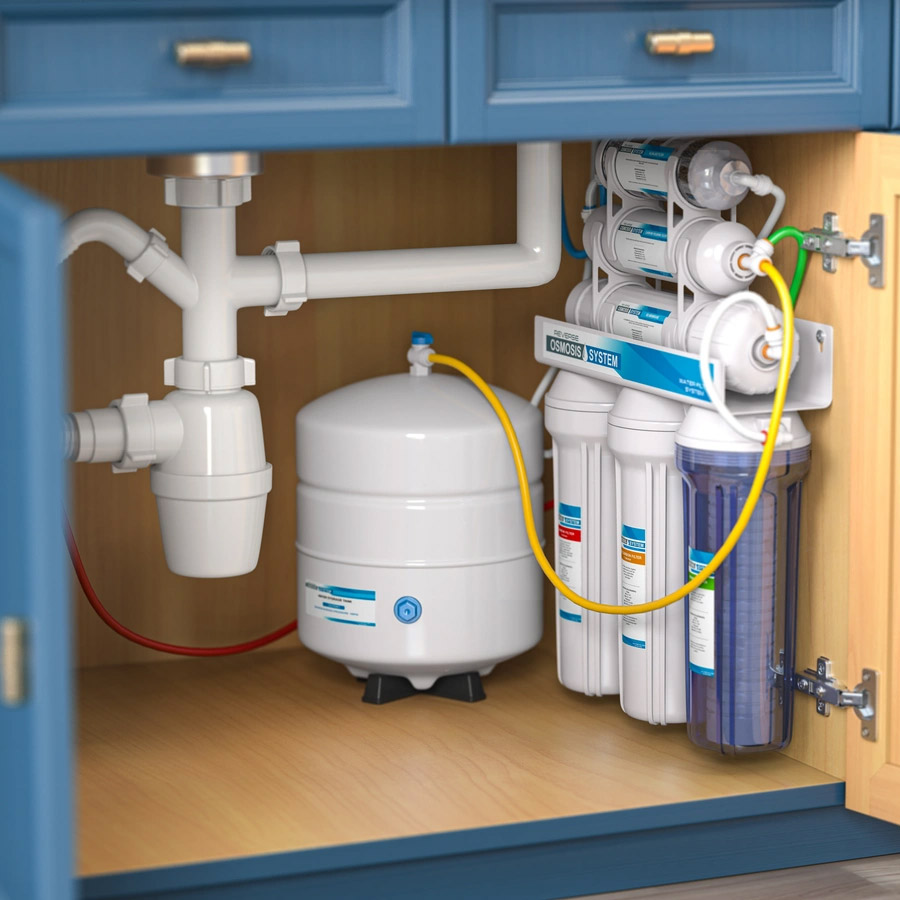 Reverse Osmosis Kit under a kitchen sink